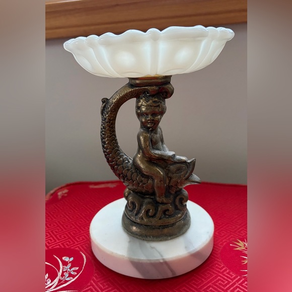 Vintage Art Deco Bronze Cherub on Koi Fish with Milk Glass Top / Marble Base - Picture 1 of 5